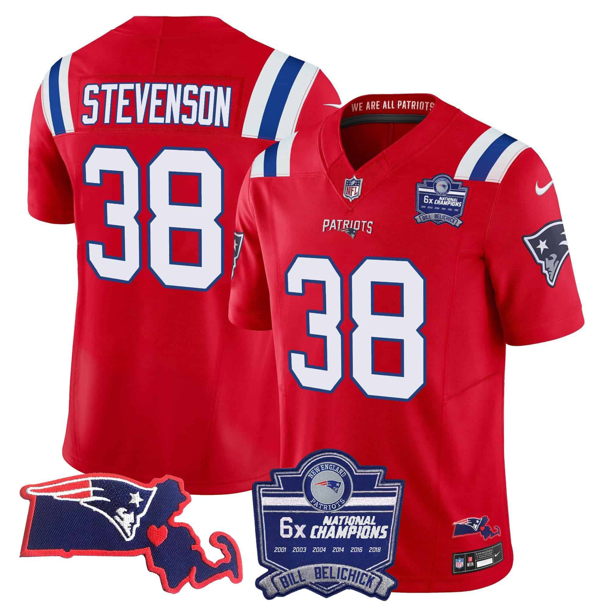 Men New England Patriots #38 Stevenson Red 2024 Nike 6x Champions Patch Vapor Limited NFL Jersey